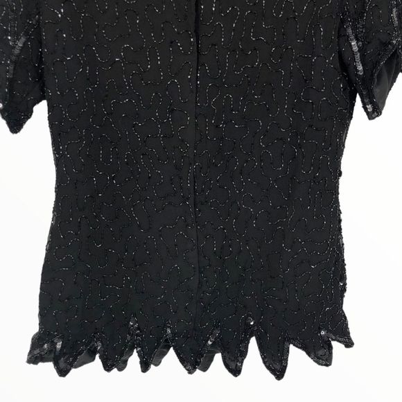 80’s Vintage Stenay Black Beaded Flapper Gatsby Zigzag Hem Short Sleeve Blouse - Picture 7 of 13